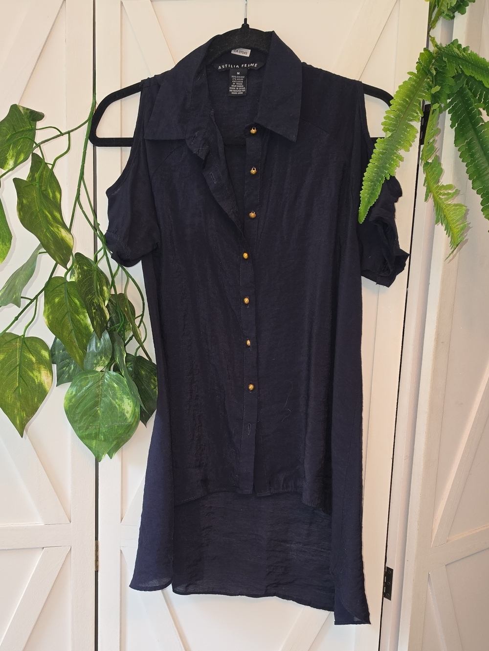 Navy & Gold High Low Cold-Shoulder Button-Down Tunic with Gold Buttons